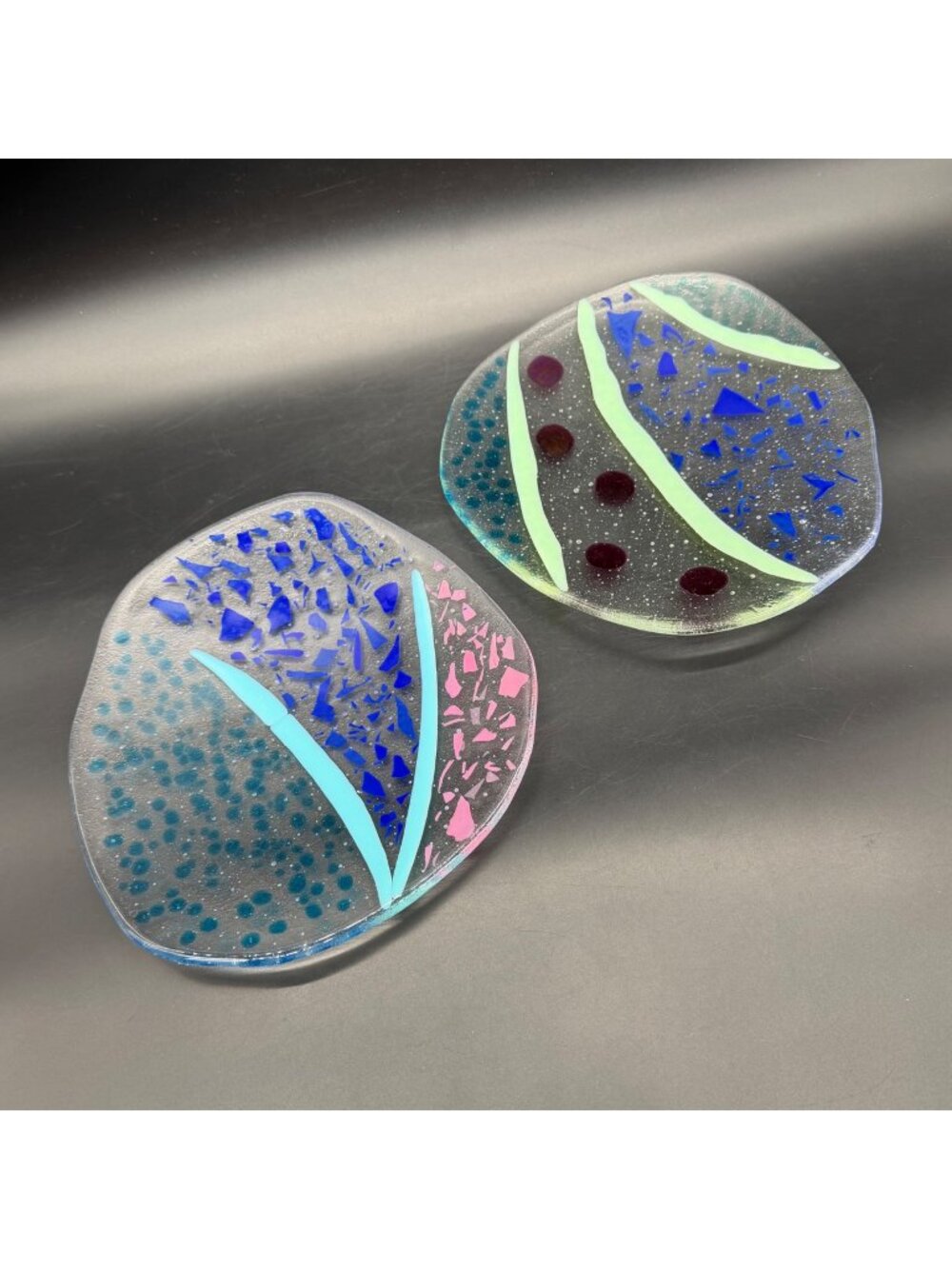 Abstract Fused Glass Dishes Rad 80s Style Pink Blue Confetti Handmade Plates